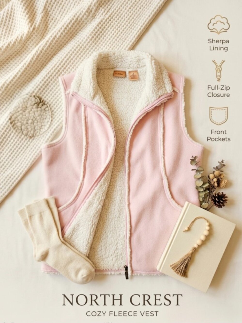 NorthCrest Classic Women's Pink Sherpa Lined Full Zip Fleece Vest Pockets Size S